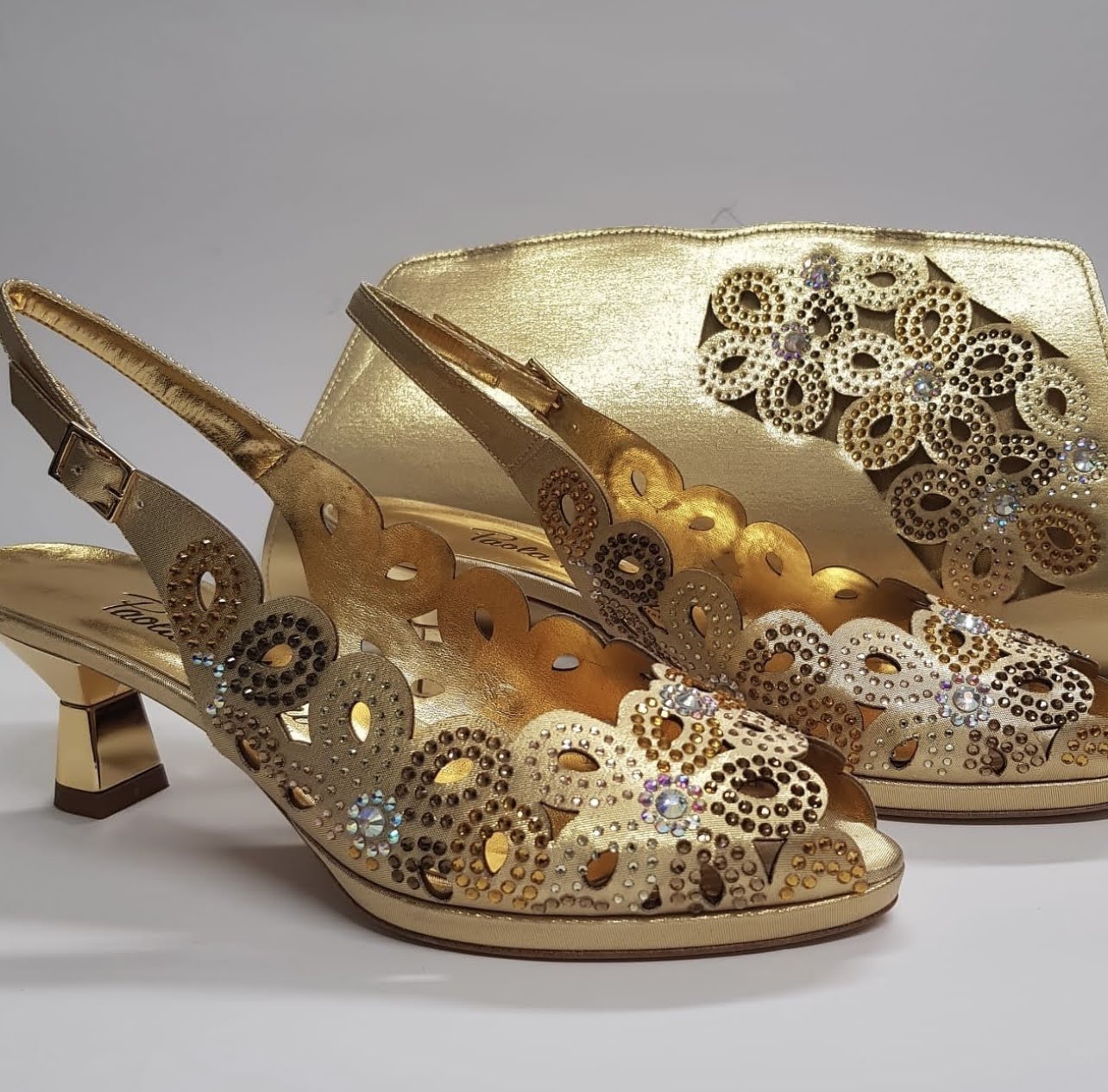 Italian Diamante Kitten Slingback Heels - Gold