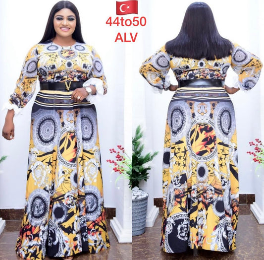 Multi-Print Turkey Maxi Dress with Long Sleeves and Scoop Neckline