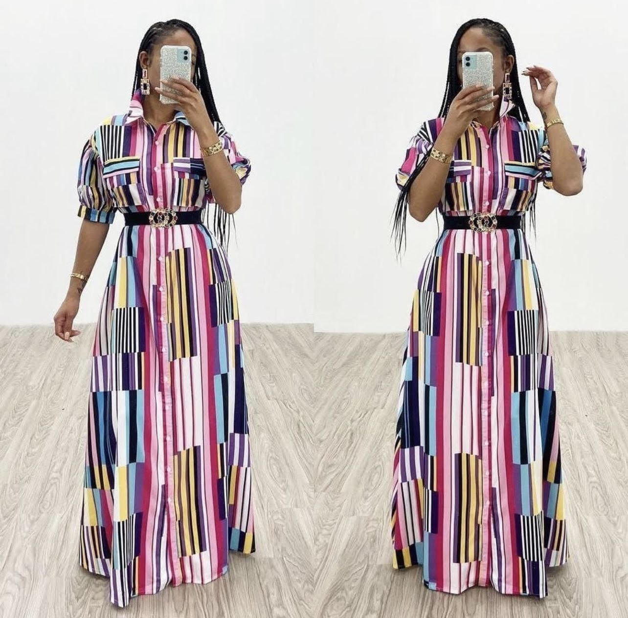 Button-Down A-Line Maxi Dress- Multi Color