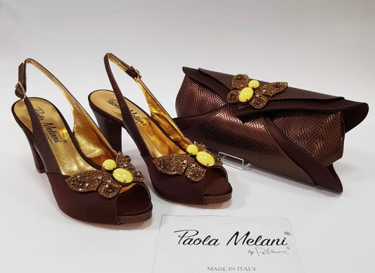 Italian Croc Leather and Suede Open toe Platform High Heels with Diamante Embellishment- Brown
